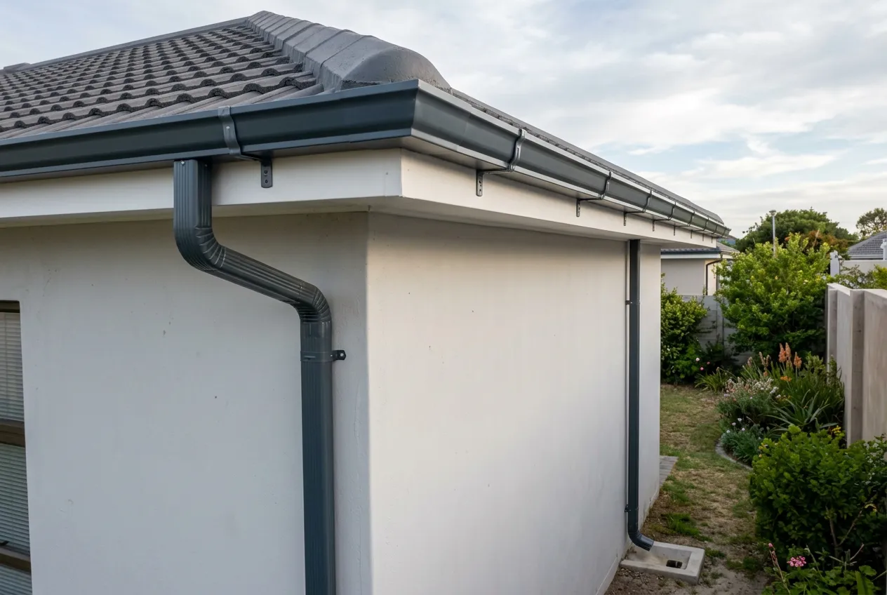 Newly installed continuous seamless aluminium gutter along the eaves of a Northern Suburbs home, with evenly spaced brackets and a corner downpipe